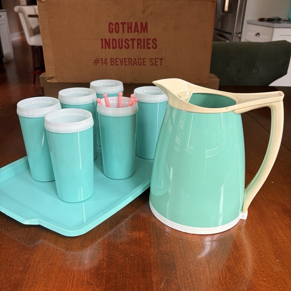 Vintage Gotham Industries MCM Aqua Pitcher Beverage Set With Box Insulated Cups